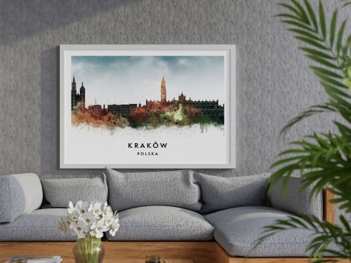 Plakat do salonu skylines Kraków w stylu Watercolor/ Akwarelowym  