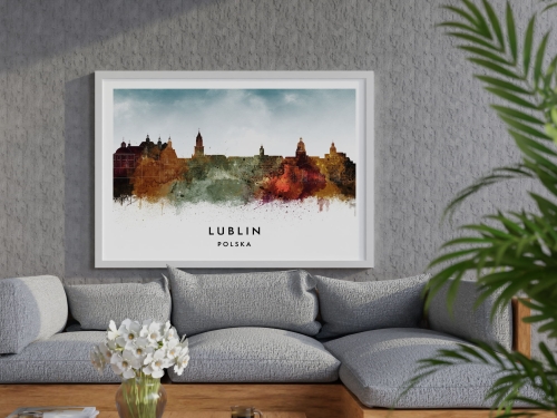 Plakat do salonu skylines Lublin w stylu Watercolor/ Akwarelowym  
