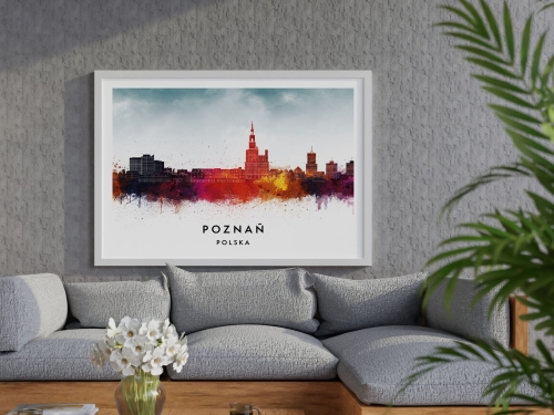 Plakat do salonu skylines Poznań w stylu Watercolor/ Akwarelowym 