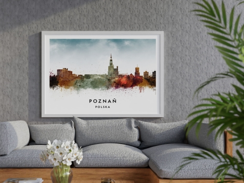Plakat do salonu skylines Poznań w stylu Watercolor/ Akwarelowym 