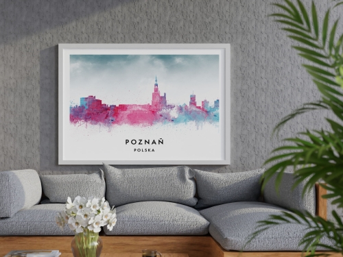 Plakat do salonu skylines Poznań w stylu Watercolor/ Akwarelowym 