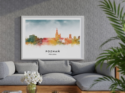 Plakat do salonu skylines Poznań w stylu Watercolor/ Akwarelowym 