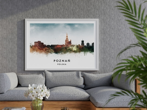 Plakat do salonu skylines Poznań w stylu Watercolor/ Akwarelowym 