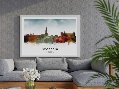 Plakat do salonu skylines Szczecin w stylu Watercolor/ Akwarelowym 