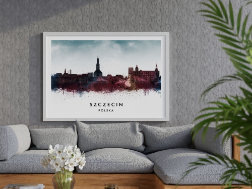 Plakat do salonu skylines Szczecin w stylu Watercolor/ Akwarelowym 