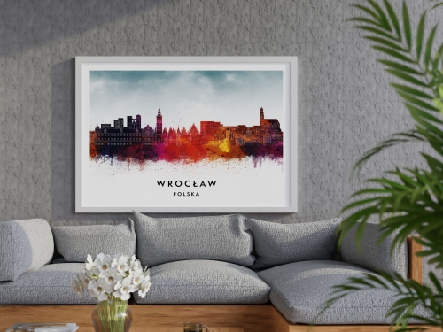 Plakat do salonu skylines Wrocław  stylu Watercolor/ Akwarelowym