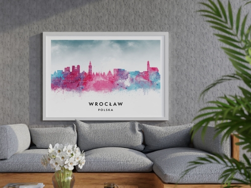 Plakat do salonu skylines Wrocław  stylu Watercolor/ Akwarelowym