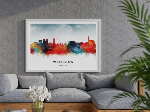 Plakat do salonu skylines Wrocław  stylu Watercolor/ Akwarelowym