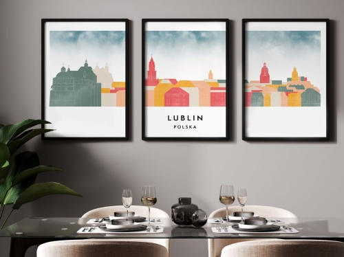 Plakat skylines TRYPTYK Lublin, zestaw 3 plakatów w stylu Watercolor/ Akwarelowym