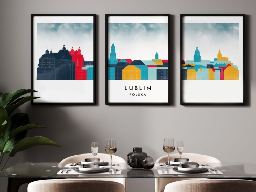 Plakat skylines TRYPTYK Lublin, zestaw 3 plakatów w stylu Watercolor/ Akwarelowym
