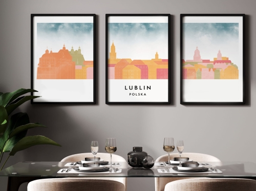 Plakat skylines TRYPTYK Lublin, zestaw 3 plakatów w stylu Watercolor/ Akwarelowym
