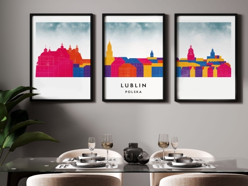 Plakat skylines TRYPTYK Lublin, zestaw 3 plakatów w stylu Watercolor/ Akwarelowym