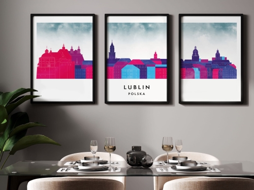 Plakat skylines TRYPTYK Lublin, zestaw 3 plakatów w stylu Watercolor/ Akwarelowym