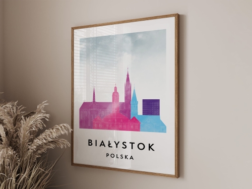 Plakat do salonu skylines Białystok  stylu Watercolor/ Akwarelowym 