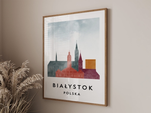 Plakat do salonu skylines Białystok  stylu Watercolor/ Akwarelowym 