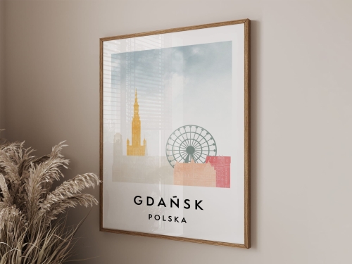 Plakat do salonu skylines Gdańsk  stylu Watercolor/ Akwarelowym 