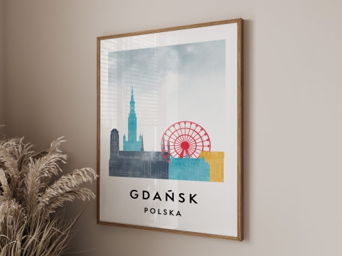 Plakat do salonu skylines Gdańsk  stylu Watercolor/ Akwarelowym 