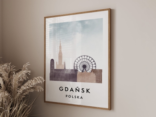 Plakat do salonu skylines Gdańsk  stylu Watercolor/ Akwarelowym 