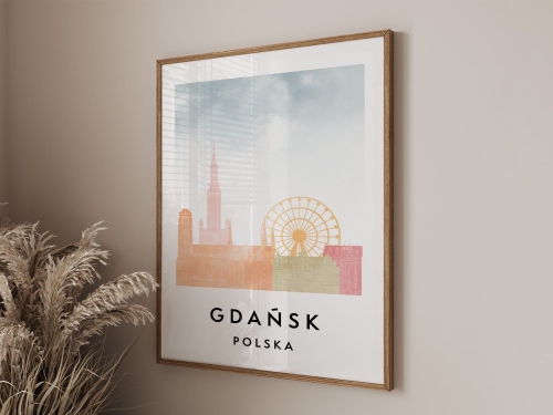 Plakat do salonu skylines Gdańsk  stylu Watercolor/ Akwarelowym 
