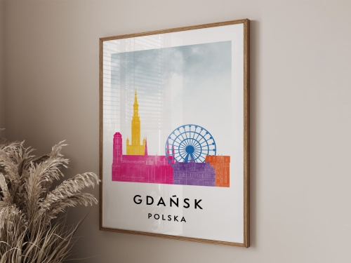 Plakat do salonu skylines Gdańsk  stylu Watercolor/ Akwarelowym 