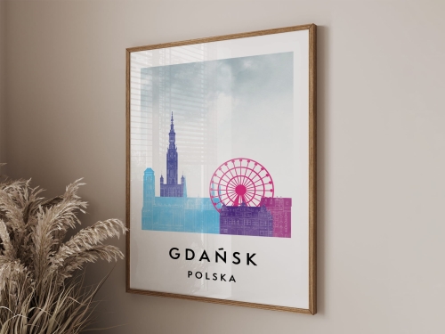 Plakat do salonu skylines Gdańsk  stylu Watercolor/ Akwarelowym 