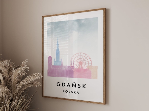 Plakat do salonu skylines Gdańsk  stylu Watercolor/ Akwarelowym 