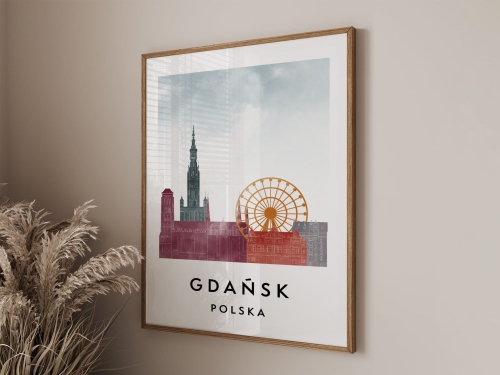 Plakat do salonu skylines Gdańsk  stylu Watercolor/ Akwarelowym 