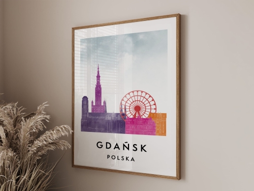 Plakat do salonu skylines Gdańsk  stylu Watercolor/ Akwarelowym 