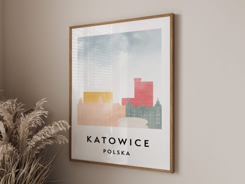 Plakat do salonu skylines Katowice w stylu Watercolor/ Akwarelowym 