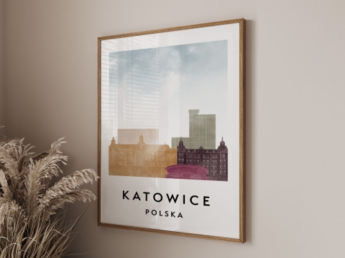 Plakat do salonu skylines Katowice w stylu Watercolor/ Akwarelowym 