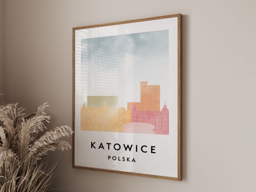 Plakat do salonu skylines Katowice w stylu Watercolor/ Akwarelowym 