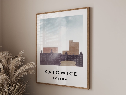Plakat do salonu skylines Katowice w stylu Watercolor/ Akwarelowym 