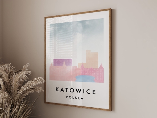 Plakat do salonu skylines Katowice w stylu Watercolor/ Akwarelowym 