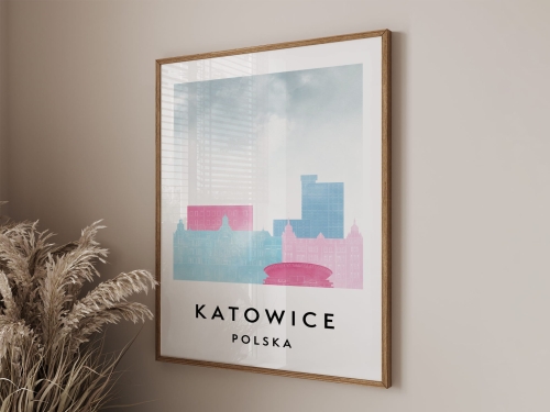 Plakat do salonu skylines Katowice w stylu Watercolor/ Akwarelowym 