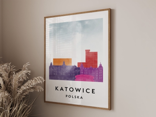 Plakat do salonu skylines Katowice w  stylu Watercolor/ Akwarelowym 