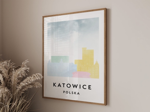 Plakat do salonu skylines Katowice stylu Watercolor/ Akwarelowym 