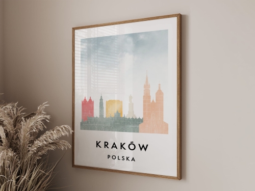 Plakat do salonu skylines Kraków  stylu Watercolor/ Akwarelowym 