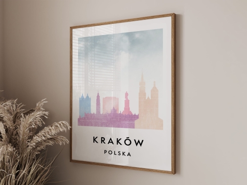 Plakat do salonu skylines Kraków  stylu Watercolor/ Akwarelowym 