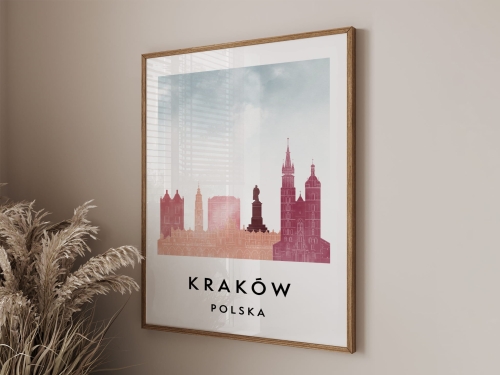 Plakat do salonu skylines Kraków  stylu Watercolor/ Akwarelowym 