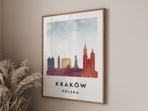 Plakat do salonu skylines Kraków  stylu Watercolor/ Akwarelowym 