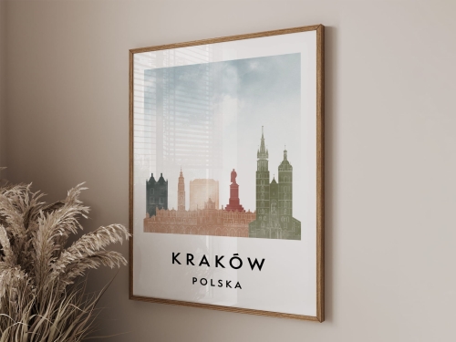 Plakat do salonu skylines Kraków  stylu Watercolor/ Akwarelowym 