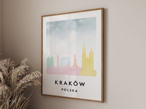 Plakat do salonu skylines Kraków  stylu Watercolor/ Akwarelowym 