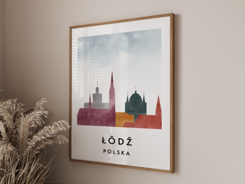 Plakat do salonu skylines Łódź  stylu Watercolor/ Akwarelowym