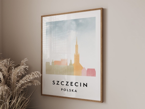 Plakat do salonu skylines Szczecin  stylu Watercolor/ Akwarelowym