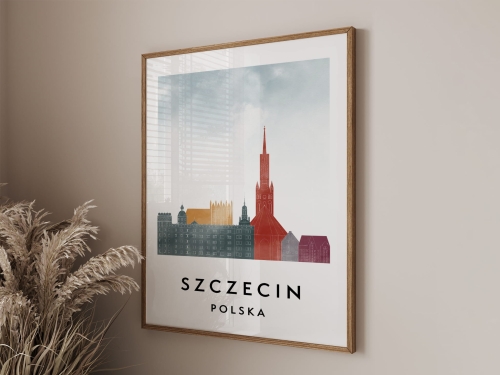 Plakat do salonu skylines Szczecin  stylu Watercolor/ Akwarelowym