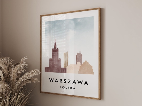 Plakat do salonu skylines Warszawa  stylu Watercolor/ Akwarelowym
