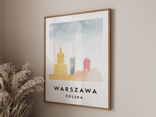 Plakat do salonu skylines Warszawa  stylu Watercolor/ Akwarelowym