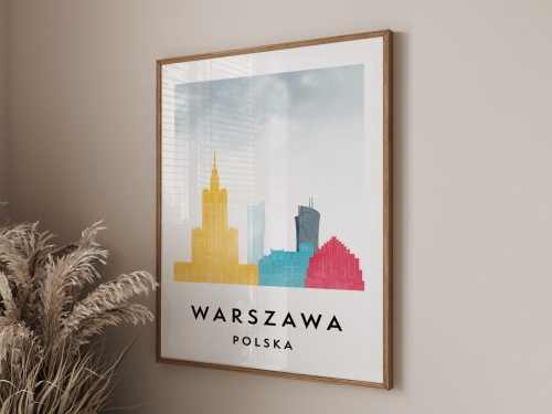 Plakat do salonu skylines Warszawa  stylu Watercolor/ Akwarelowym