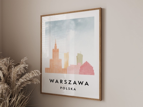 Plakat do salonu skylines Warszawa  stylu Watercolor/ Akwarelowym