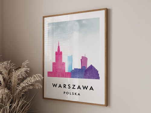 Plakat do salonu skylines Warszawa  stylu Watercolor/ Akwarelowym